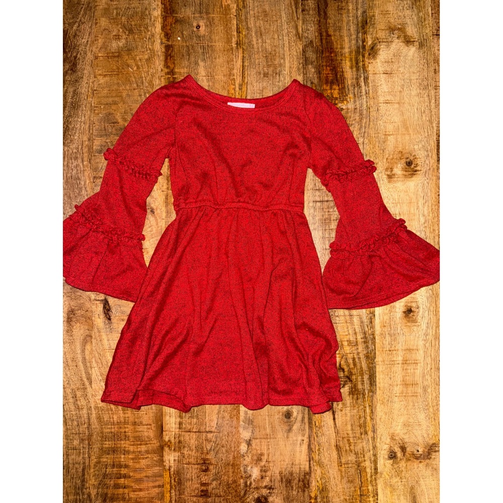 Bonnie Jean Girls Red Heathered Knit Bell Ruffle Sleeve Dress Size 7 W4-10481-DL